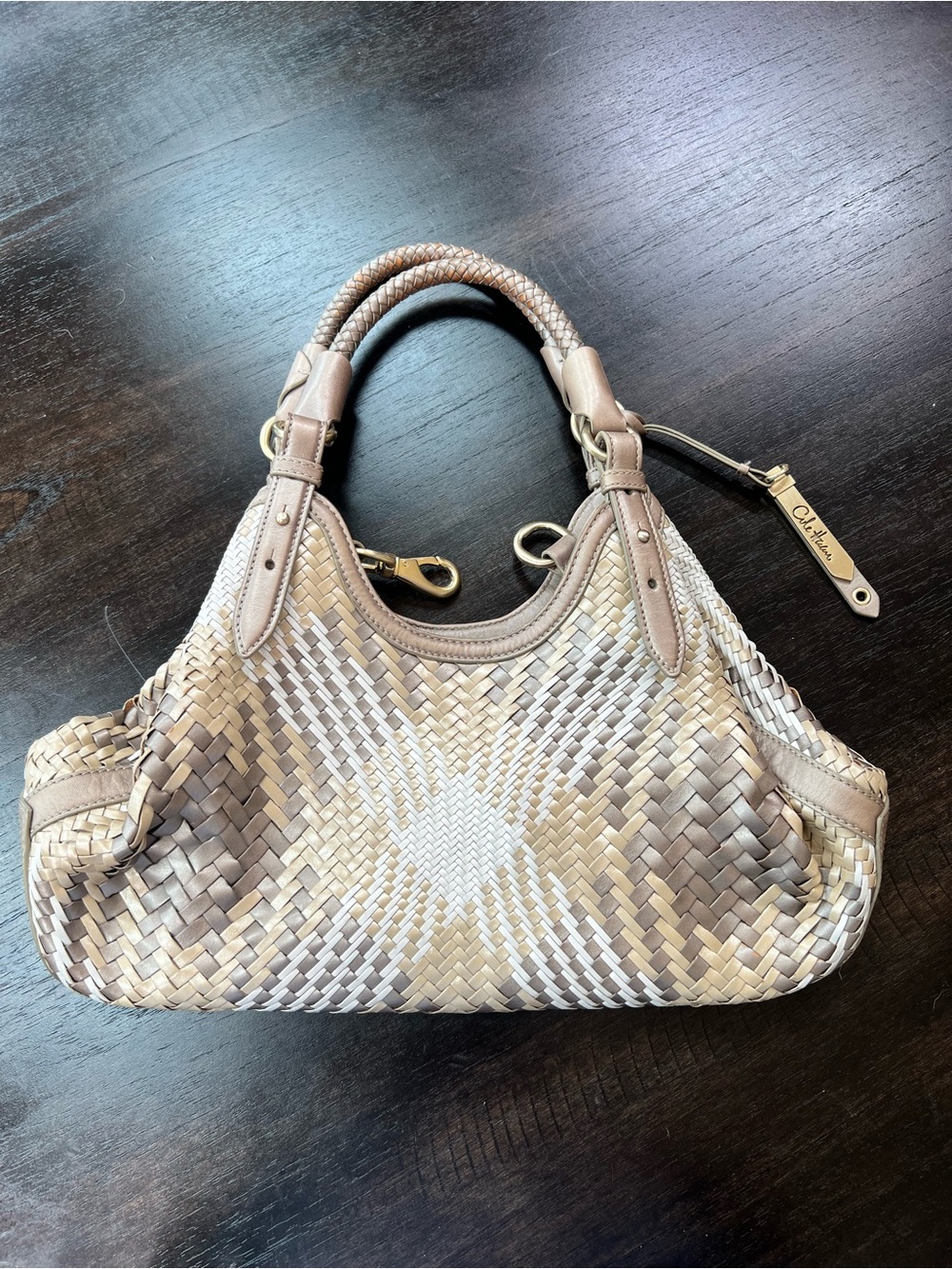 Cole Haan Woven Leather Hobo Shoulder Bag Metallic Taupe Gold Handbag